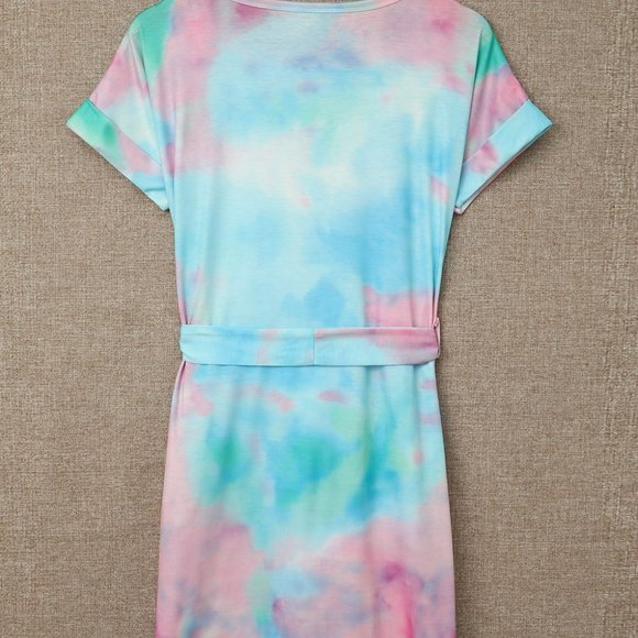Boutique! Multicolor Tie-dye Pocketed T-shirt Dress with Belt - Picture 5 of 8